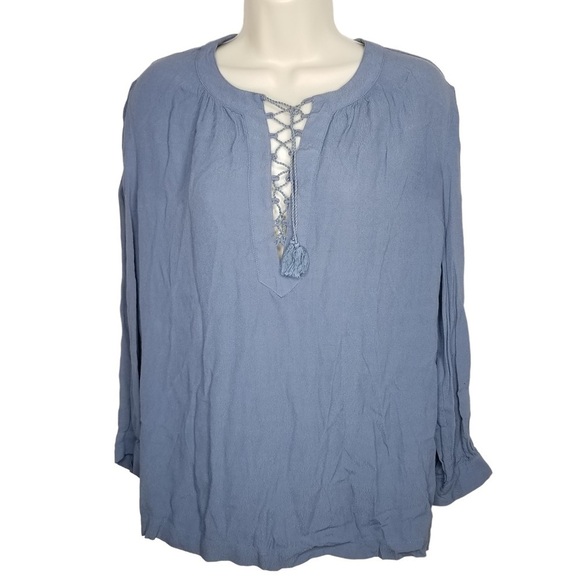 Madewell Long Sleeve Blue Blouse Drawstring Placket Women's Size M - Picture 1 of 7